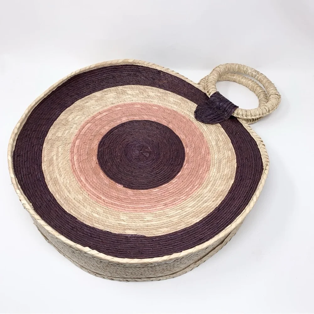MISA Los Angeles Mykonos Circle Circular Straw Tote Bag Natural Purple Pink